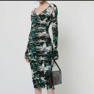 DVF Diane Von Furstenberg Mesh Overlay Ruched Midi Dress 12 bodycon floral Vneck